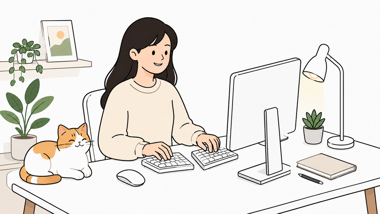 Leslie using NocFree Lite wireless split keyboard in a clean minimal desk setup