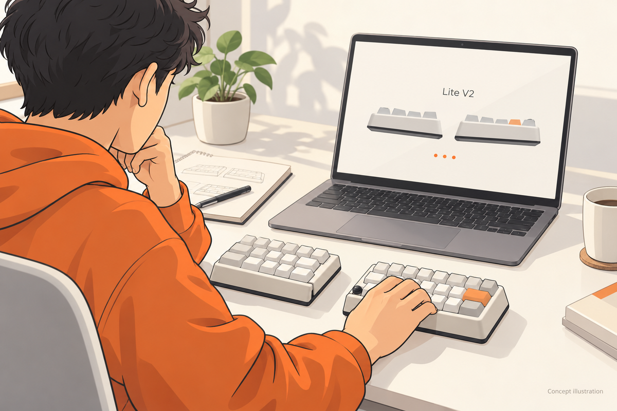 Concept illustration of a person using a NocFree Lite V2 split keyboard at a desk.